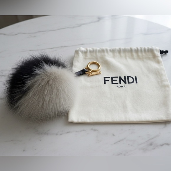 Fendi Accessories - FENDI Bicolor Fox Fur Pom Pom Bag Charm Keychain Black & Cream Gold Hardware